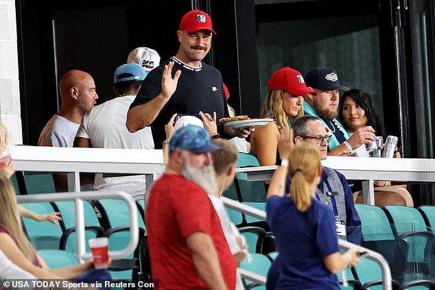 Kelce pictured waving to fans at a Kansas City Current game back in August