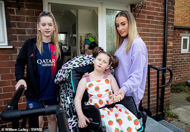 Raegan Furness, with her daughters Kacie-rae, who is disabled, and Amelia-star, at home in Macclesfield, Cheshire