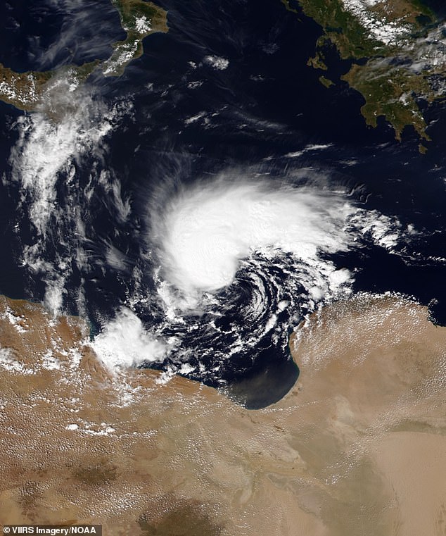 Pictured, satellite view of Storm Daniel to the north of Libya on September 9, 2023. Storm Daniel is described as the deadliest Mediterranean tropical-like cyclone in recorded history