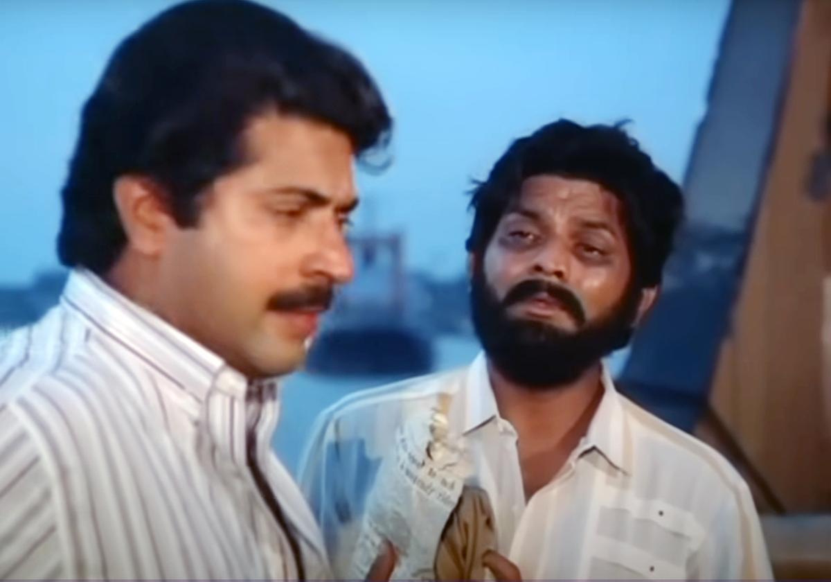 Mammooty and Jagathy Sreekumar in Adikkurippu.