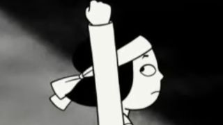 An animated girl with a headband on and her fist in the air in Persepolis