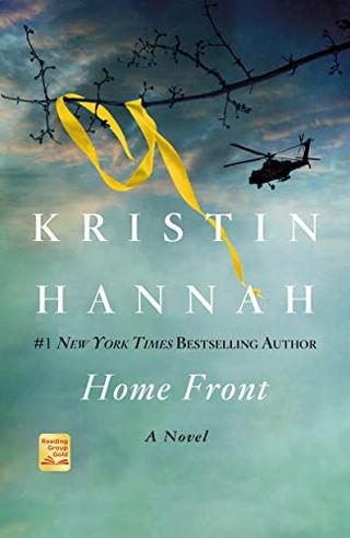 'Home Front' book cover with a yellow ribbon stuck to a tree branch and a helicopter in the distance