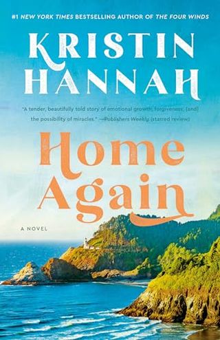 'Home Again' book cover with a lighthouse on a cliff overlooking a rocky shore