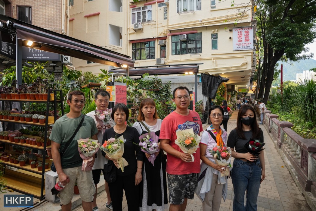 Some members of the flower market concern group meets the press on October 18, 20224. Photo: Kyle Lam/HKFP. 