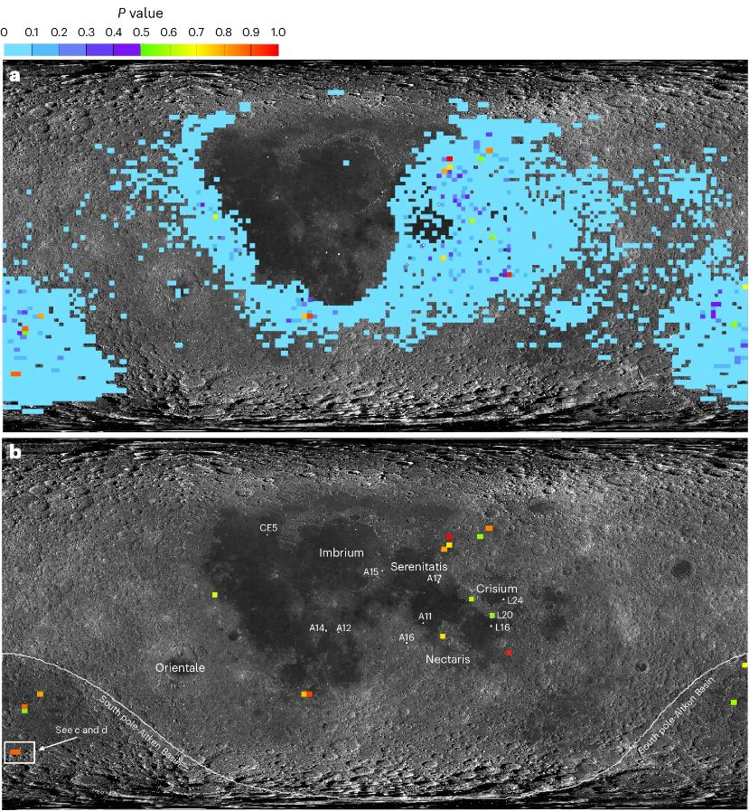 This figure from the research shows the probability that NWA 2995 came from different locations on the lunar surface. Image Credit: Joy et al. 2024.