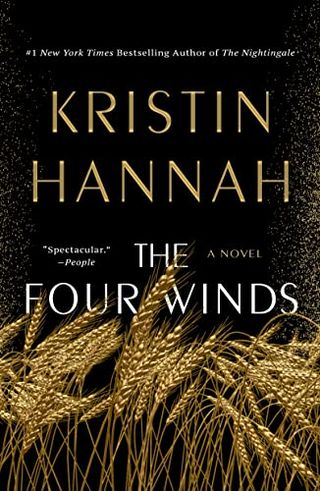 'The Four Winds' book cover with wheat blowing in the wind against a black backdrop