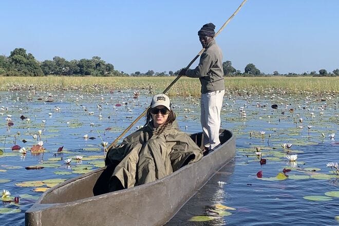 Experience hippos and crocs at eye level on a mokoro safari at Jao Camp in Botswana