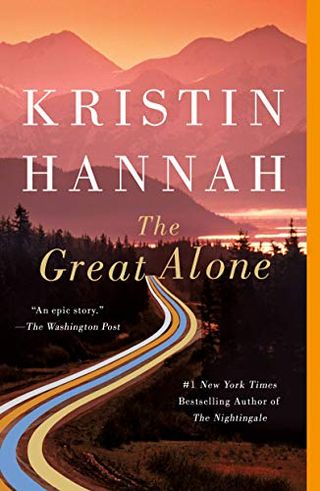 'The Great Alone' book cover with a winding shoreline road with colorful lines drawn on it 