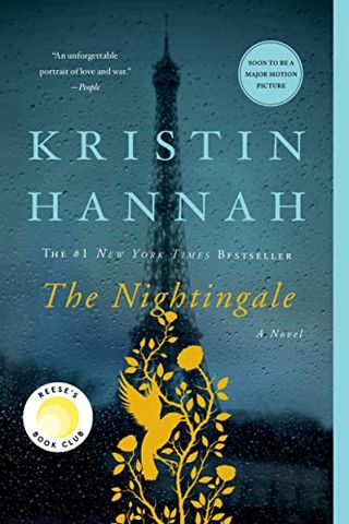 'The Nightingale' book cover with the eiffel tower in the rain and an image of a gold bird with flowers