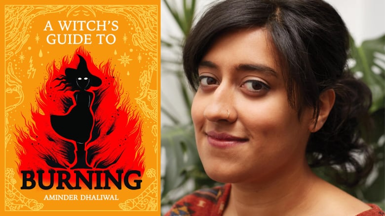 A composite image of a red and orange book cover beside a portrait of a South Asian woman looking into the camera.