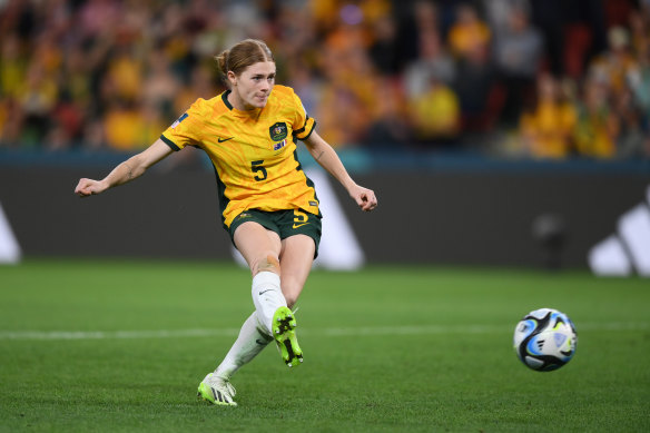 Cortnee Vine takes the decisive penalty for Australia during the World Cup quarter-final.