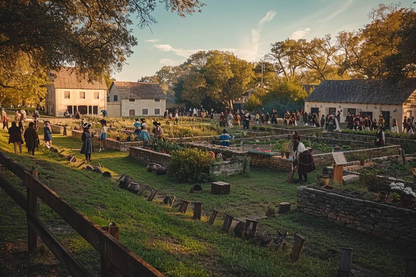 A scenic autumn scene of a colonial village with people in period dress gathered for a festival.