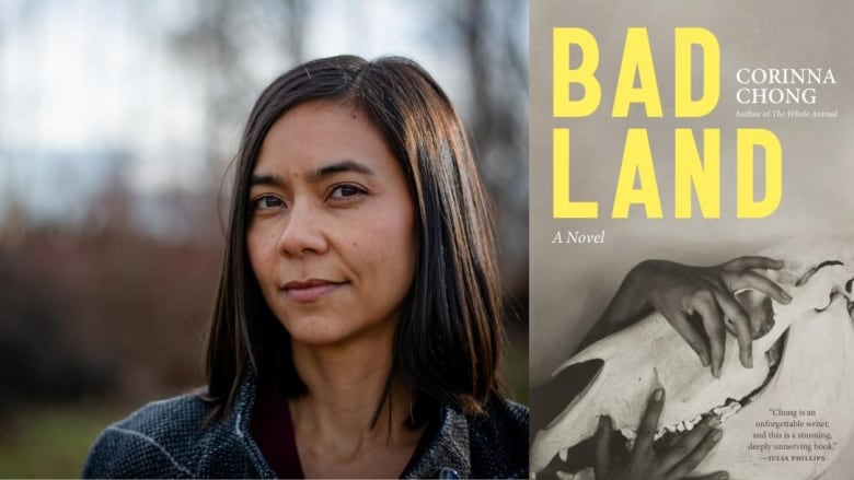 A woman with a brown bob looks into the camera. A sepia book cover shows hands holding a dinosaur skull. 