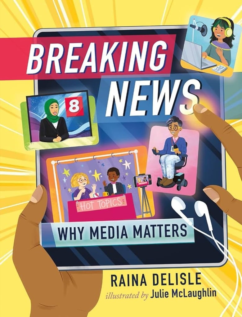 A yellow book cover with cartoon images of presenters and journalists on a tablet.