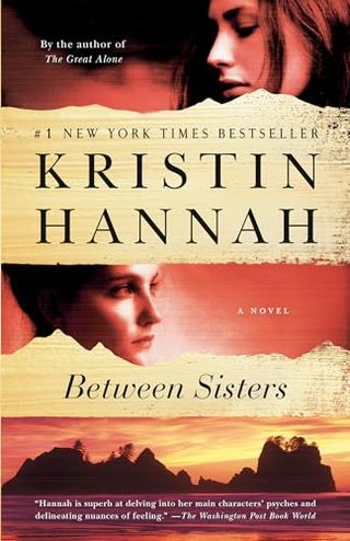 'Between Sisters' book cover with two women looking different directions and a rocky cliff