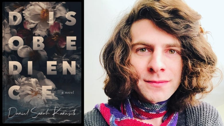 The book cover featuring different flowers floating above a body of water and a person with long hair and a colourful scarf