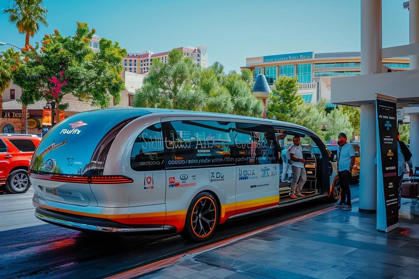 A colorful, futuristic-looking electric shuttle bus parked in an urban setting.