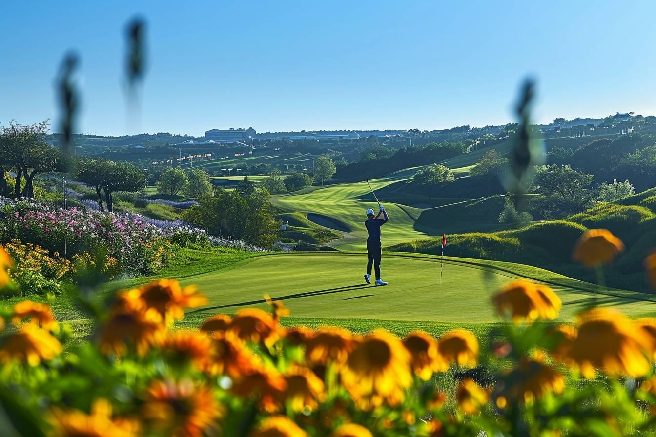 A golfer swinging a club on a picturesque golf course surrounded by flowers and a scenic landscape.