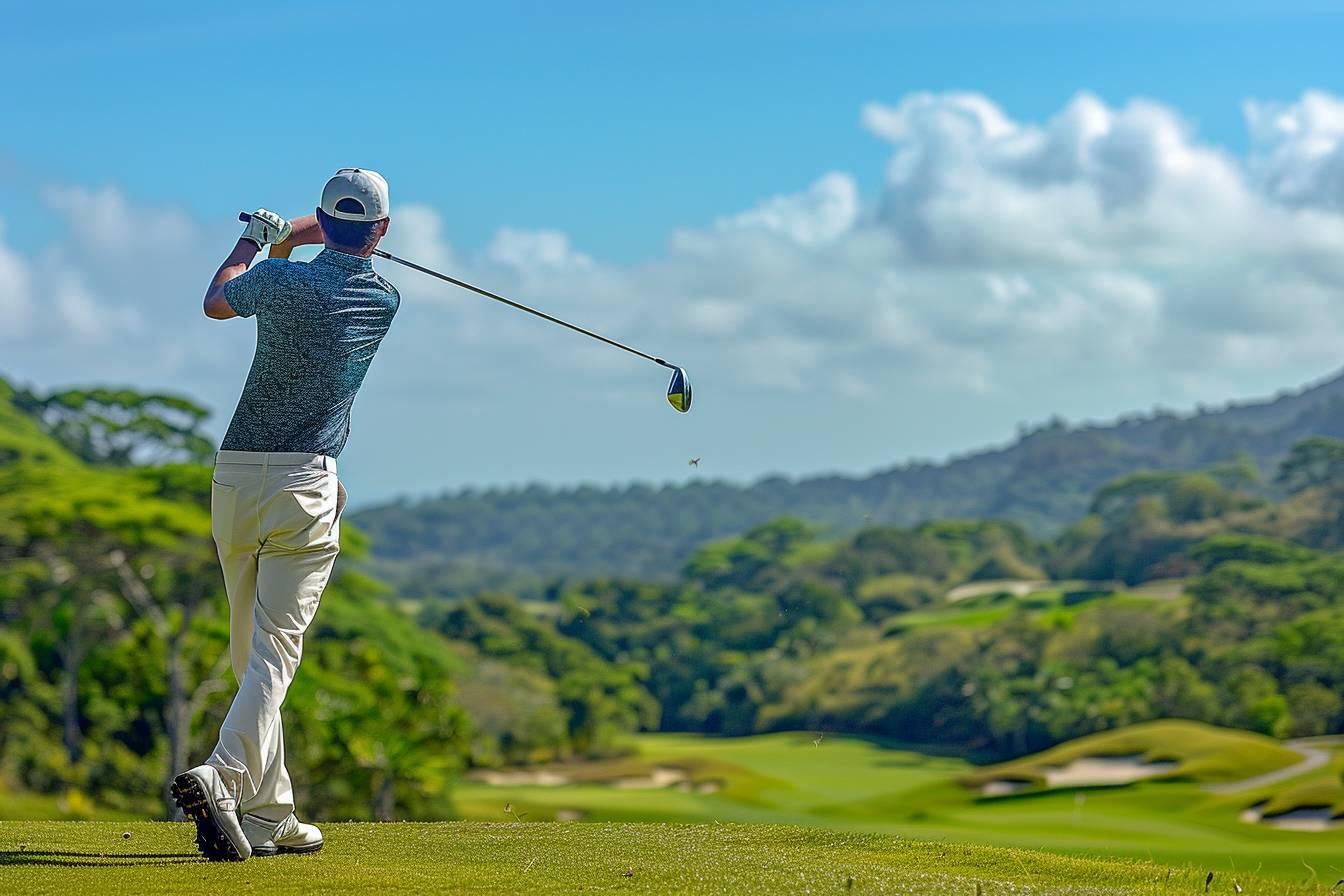 A golfer swinging a club on a scenic golf course with hills and trees in the background.