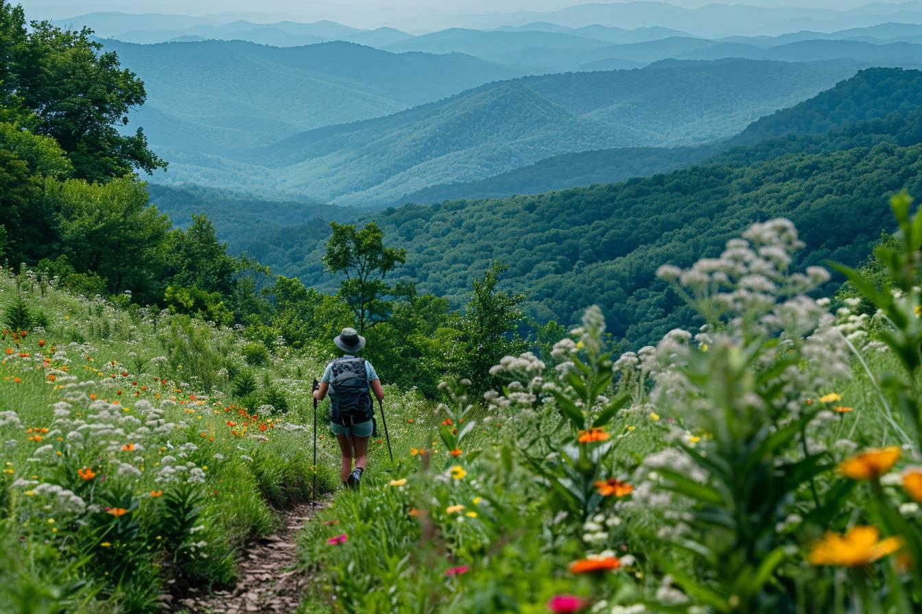 Person hiking on a trail through a lush green valley with mountains in the background.