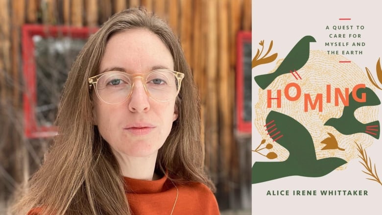 The author photo: a woman with long hair and red glasses in front of a wood cabin and the book cover: with three illustrated green birds in front of a fingerprint