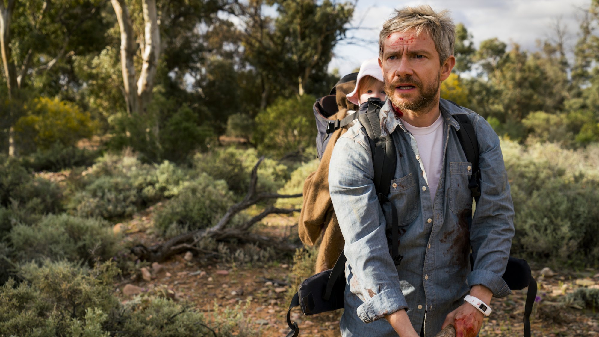 Martin Freeman has a baby in a carrier on his back in the Australian bush in the film 