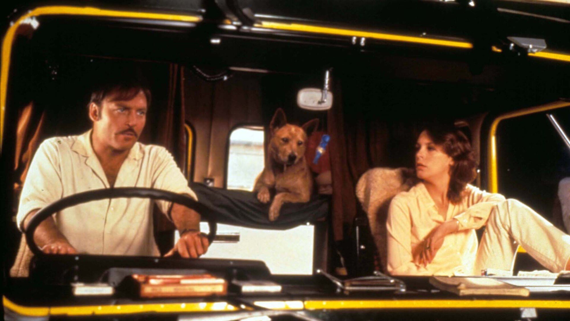 Stacey Keach and Jamie Lee Curtis sit in the cab of a truck with a dingo in the film 