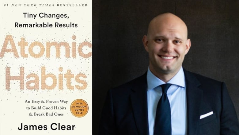 A composite of two images. On the left a bald man stands against a dark background smiles at the camera. On the left is a pale book cover with gold circles.