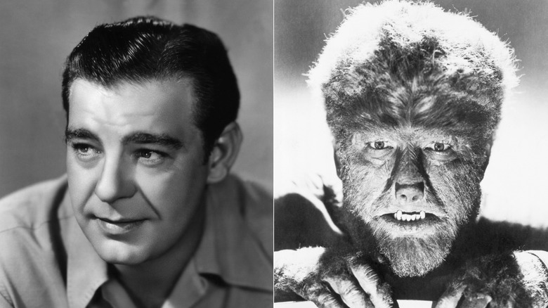 Split image of Lon Chaney Jr. and his character in The Wolf Mman