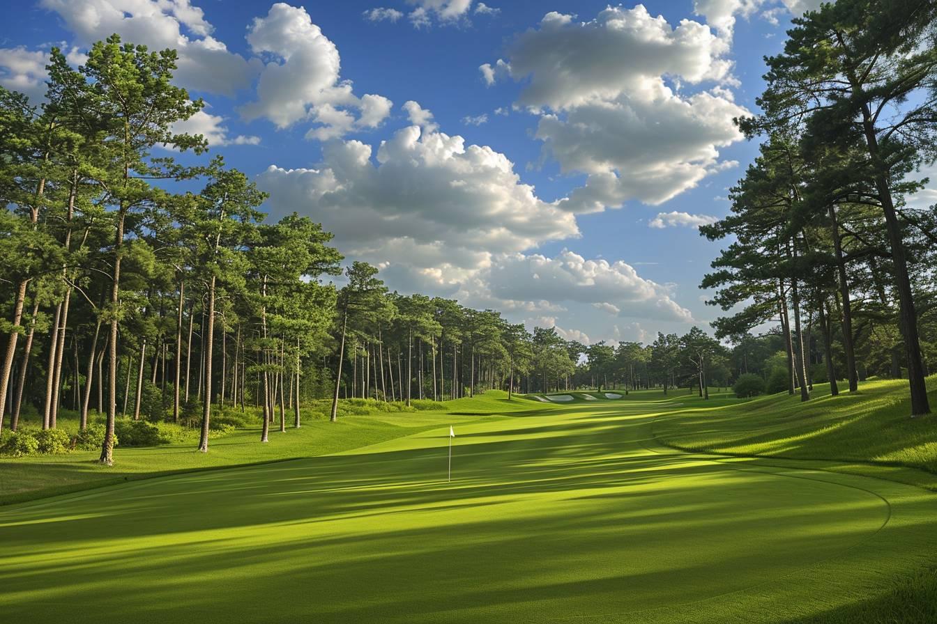 Scenic golf course with verdant fairway, towering trees, and cloudy sky.