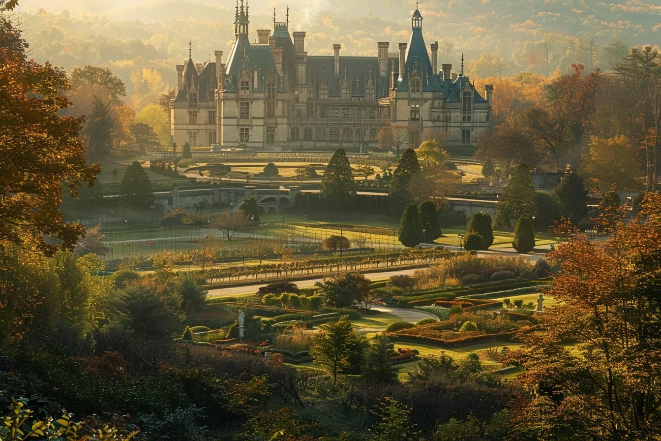 Scenic view of an ornate castle surrounded by lush autumn foliage and gardens