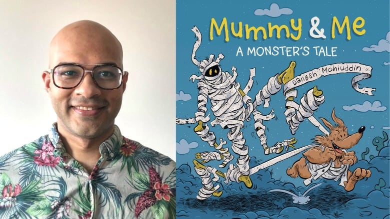 The book cover of Mummy & Me by Danesh Mohiuddin, showing a wolf running outside dragging a mummy, wrapped in white fabric that is falling off, behind it. On the left is a photo of the book's author illustrator. 