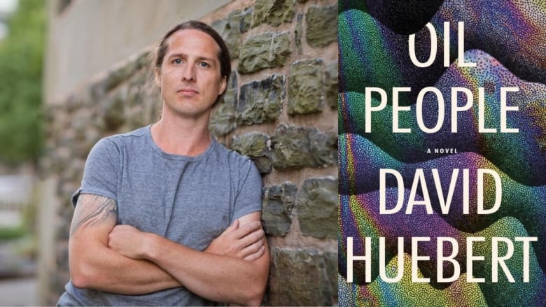 A man with brown hair crosses his arms while leaning against a brick wall. A book cover shows a multi-coloured oil spill in waves with a drip of black oil covering the first word of the title. 