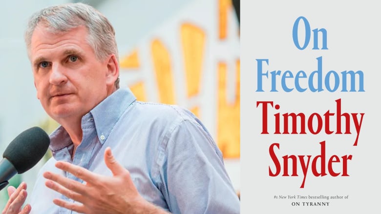 A composite image of a white man in a blue shirt beside a white book cover.