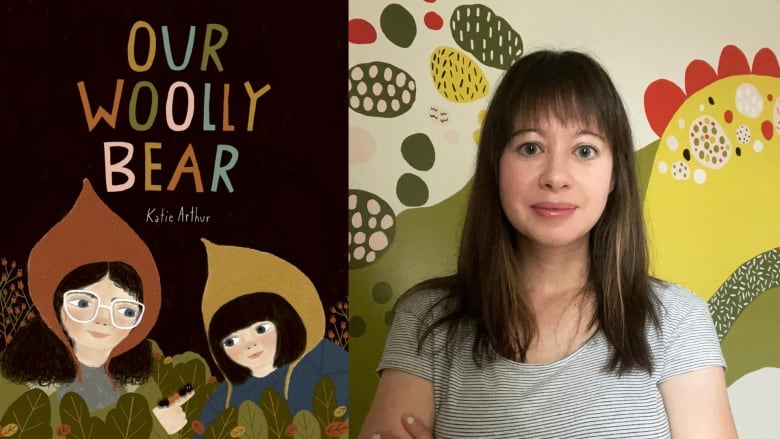 An illustrated book cover with a woman and child looking at a caterpillar on the woman's index finger and the author photo of a woman with long dark hair wearing a striped t-shirt