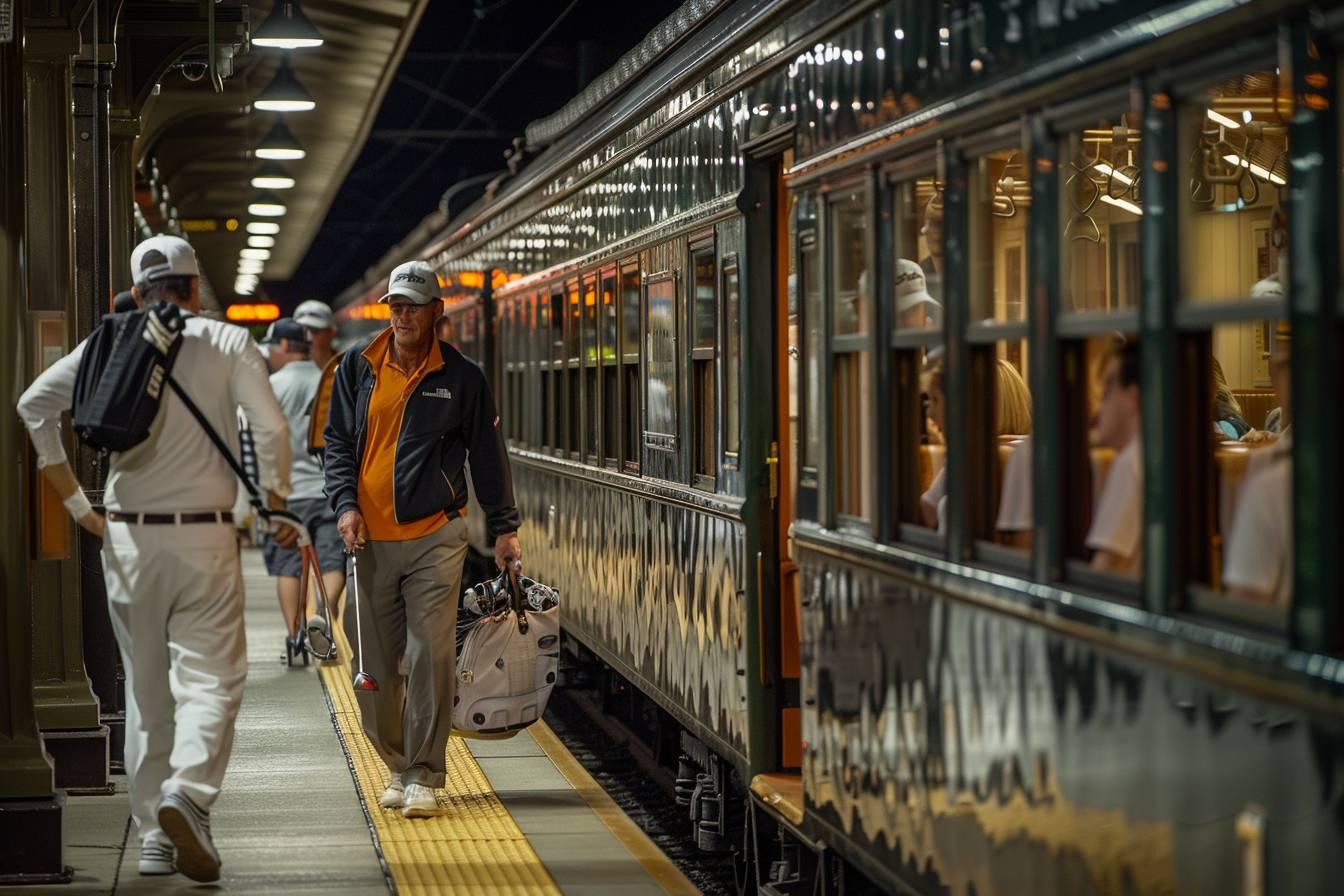 Passengers in hard hats walking along a platform to board a train