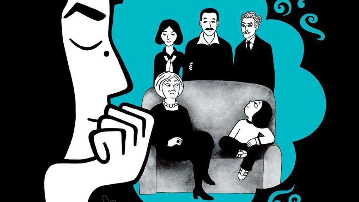 An animated young woman imagines her family sitting on a couch in 