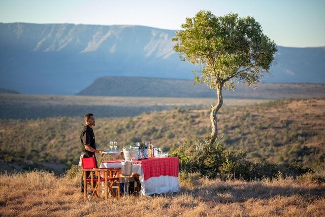 At Samara Karoo Reserve in South Africa, staff doesn't mind setting up a white tablecloth picnic for a solo traveler