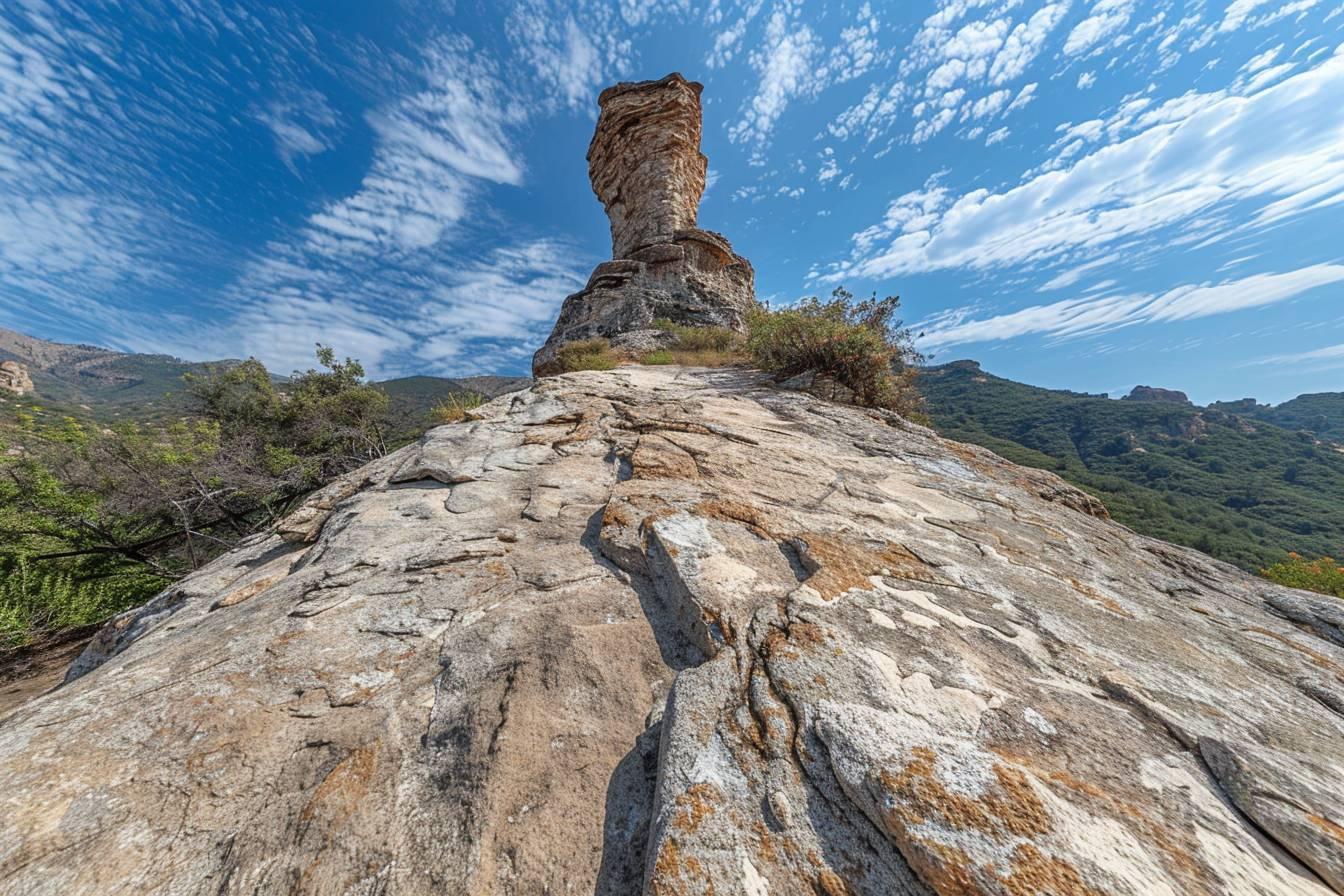 Towering stone column on a rocky outcrop against a blue sky