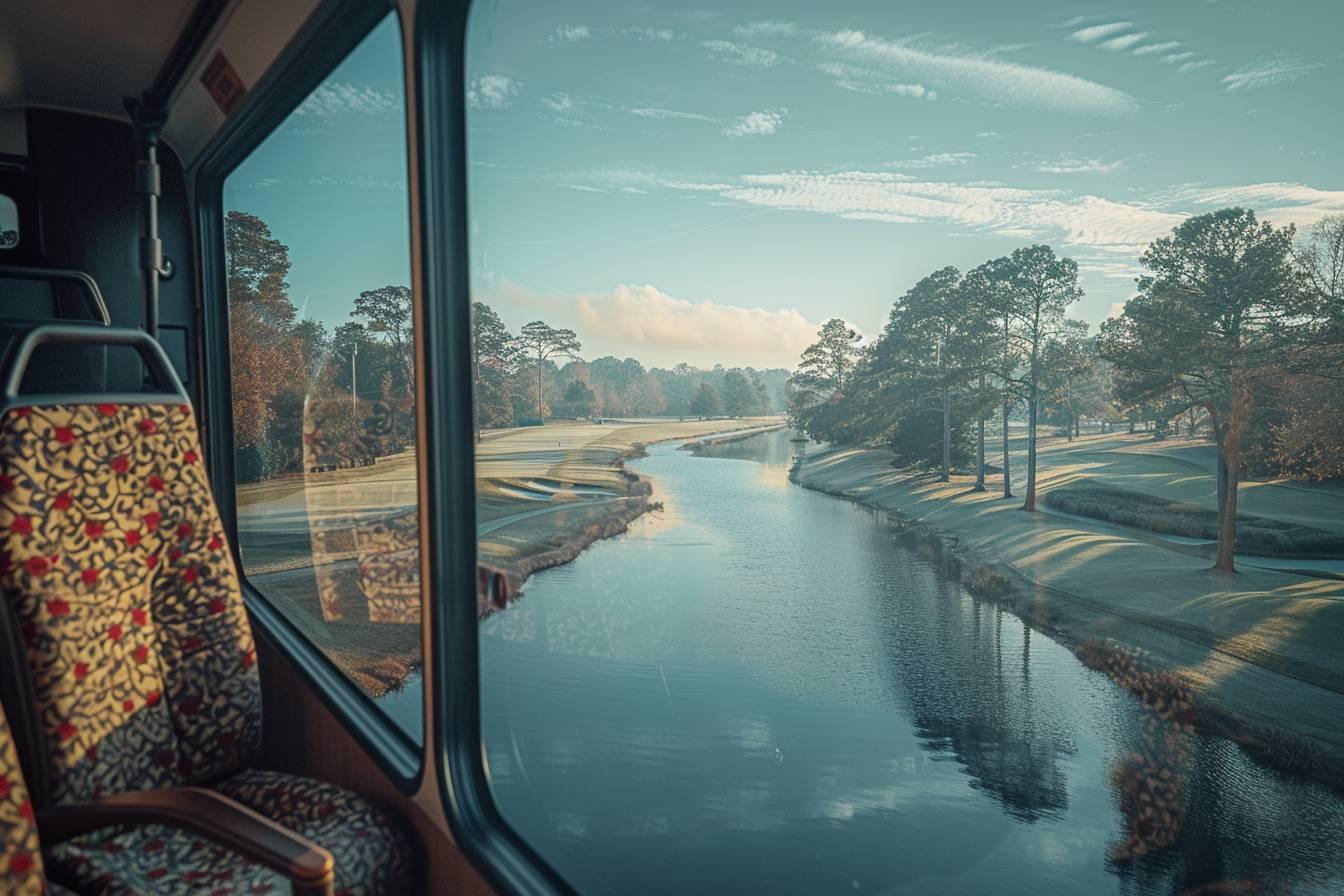 View of a scenic river surrounded by trees from the window of a bus.