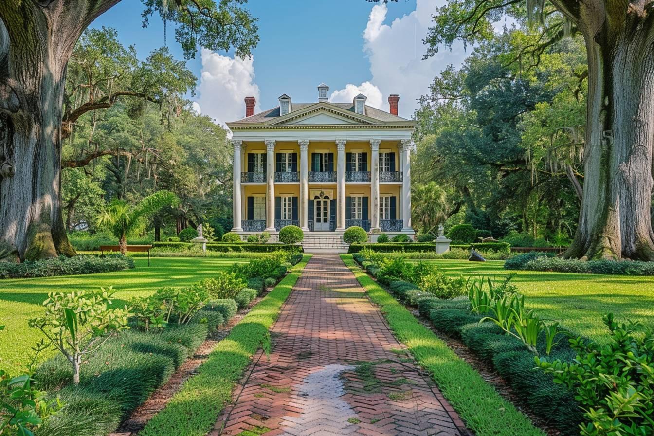 Impressive yellow colonial-style mansion surrounded by landscaped gardens and trees