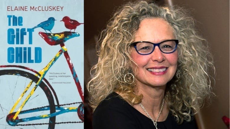 The Gift Child by Elaine McCluskey. Illustrated book cover shows a red and blue bird sitting on a bicycle seat. Portrait of the author.