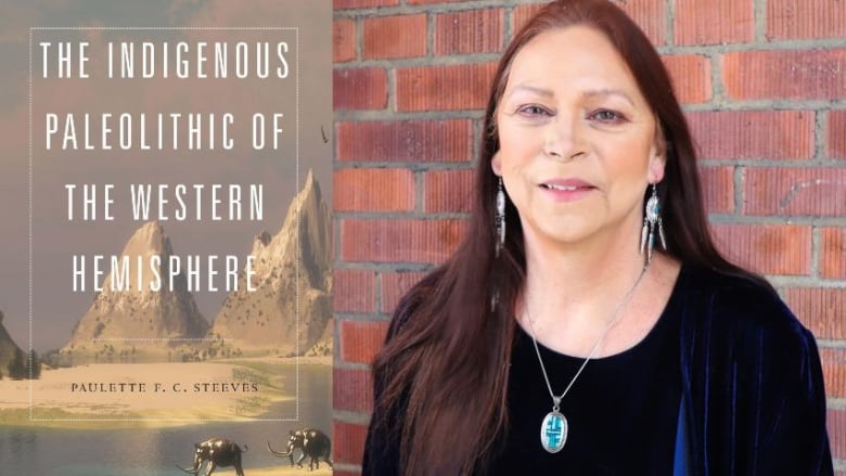 A composite image of an Indigenous woman beside a beige book cover.