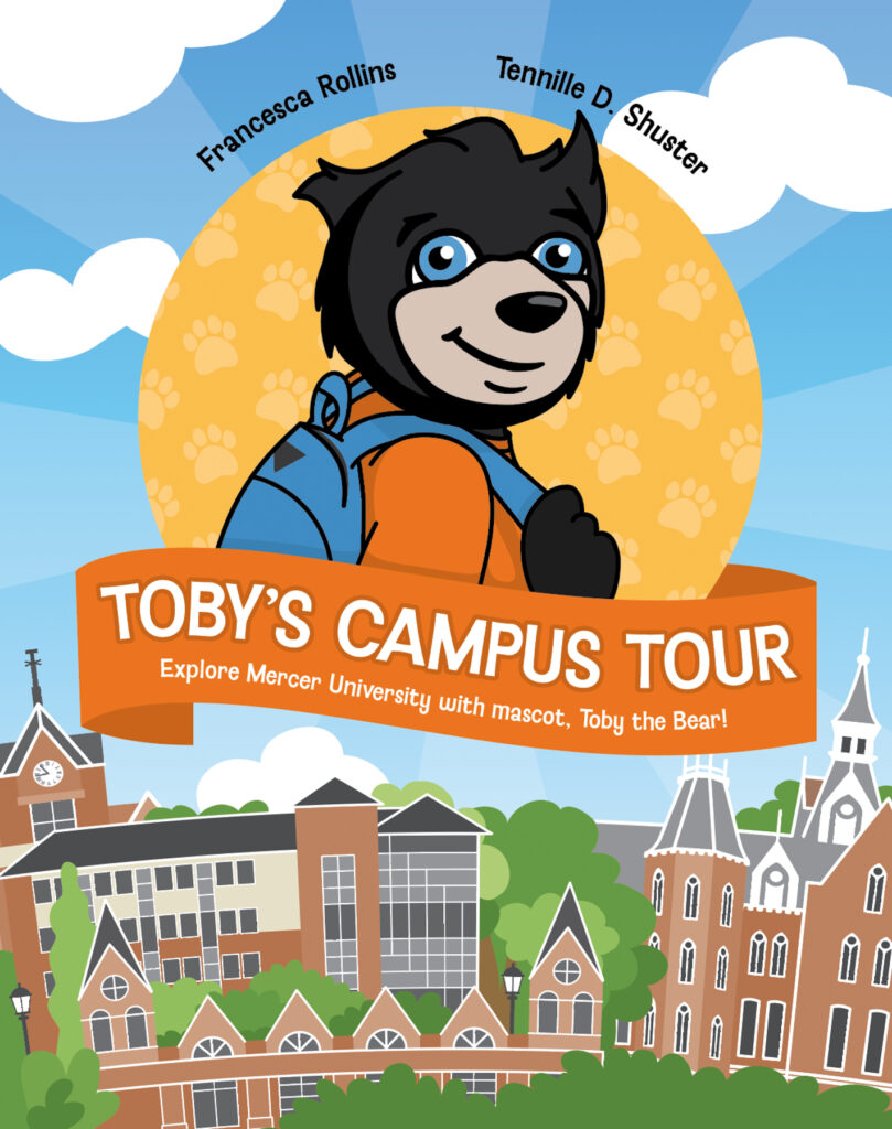 Cover of 'Toby's Campus Tour' featuring Mercer University's mascot Toby the bear, dressed in an orange jacket and blue backpack, with illustrations of campus buildings in the background.