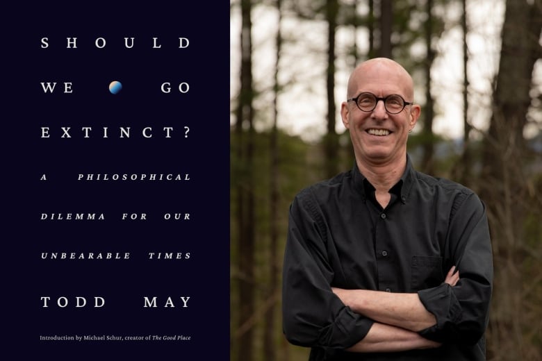 A composite image of a dark blue book cover on the left and a man smiling with glasses on the right. 