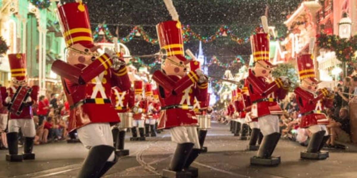 Toy soldiers in Mickey's Once Upon a Christmastime Parade in Magic Kingdom Park at Walt Disney World Resort during Mickey's Very Merry Christmas Party.