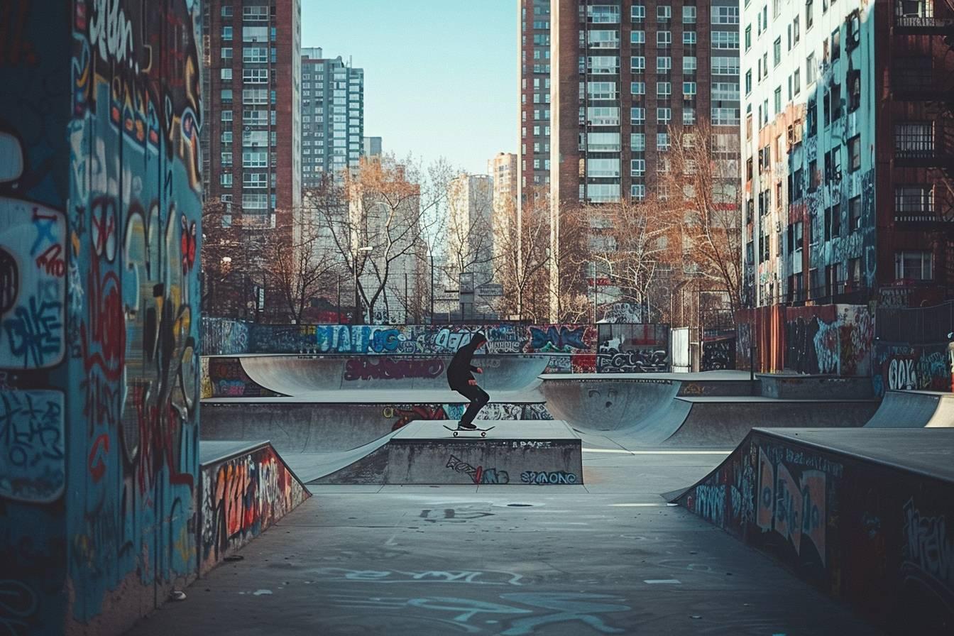 A skatepark surrounded by graffiti-covered buildings in an urban environment.