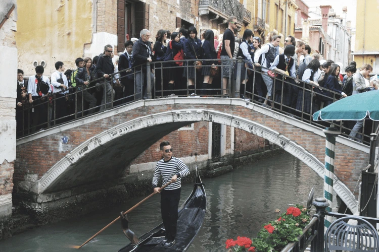 A pedestrian jam on a bridge in Venice