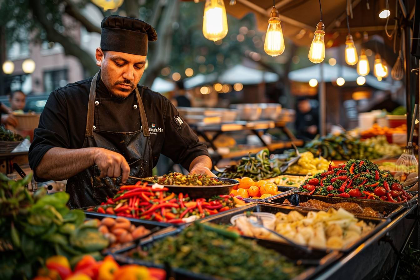 A chef arranges colorful and flavorful street food on display