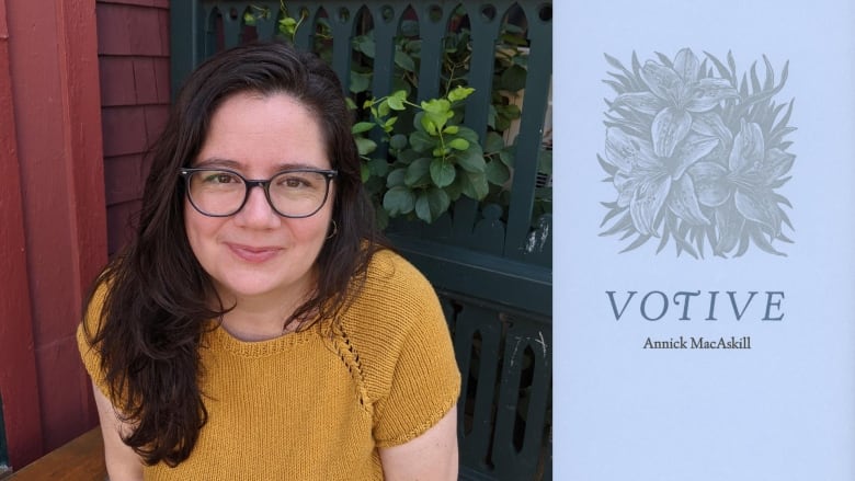 The author photo: a woman wearing glasses and a crocheted orange sweater smiling at the camera and the book cover with an illustration of three lilies